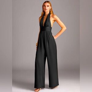 Azazie Oli jumpsuit summer evening wear. Backless with a‘deep V-neckline halter,